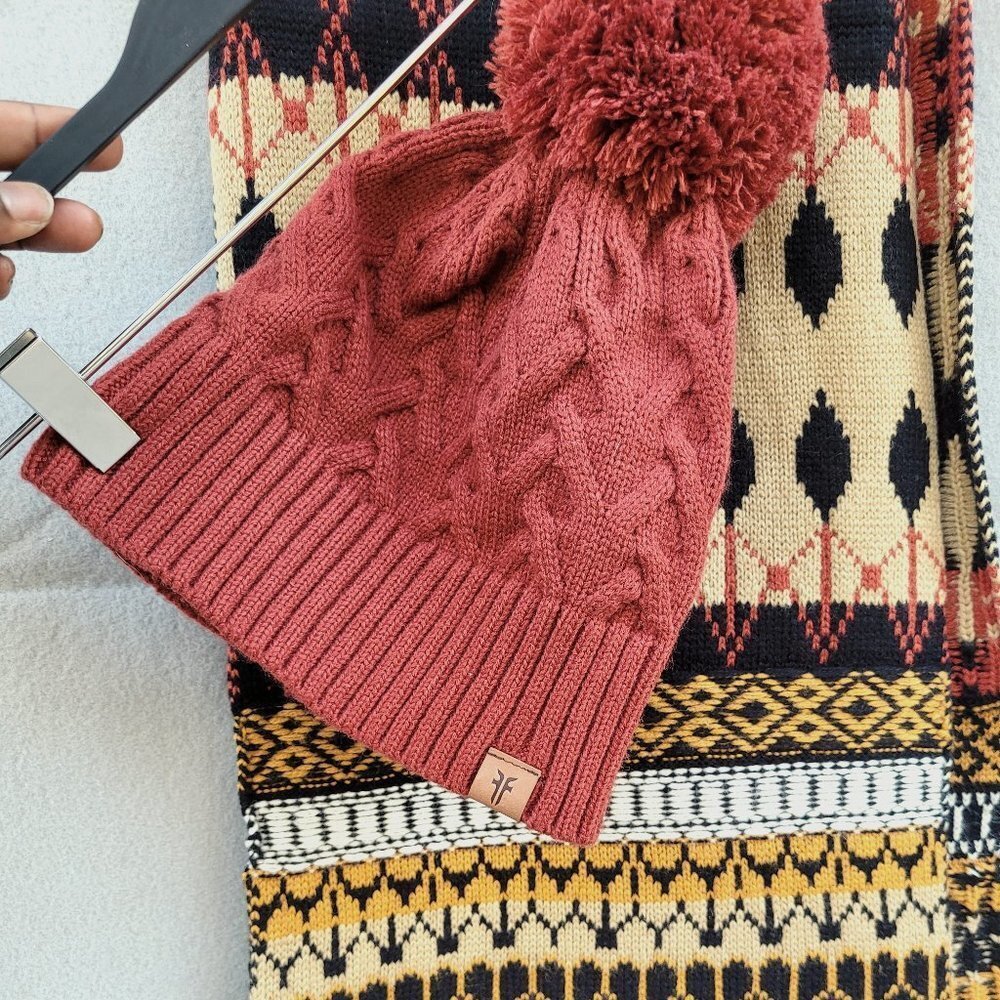 Frye scarf Frye beanie set Knit Woman's Pom Pom Beanie Aztec multicolor designs